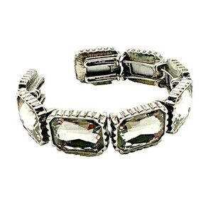 CARA NY Clear Rhinestone Bracelet Wide Emerald Cut Statement Cuff Silver Tone